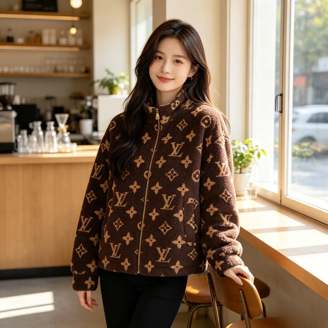Louis Vuitton/Louis Vuitton dark brown all-over printed old flower Teddy polar fleece stand-up collar jacket